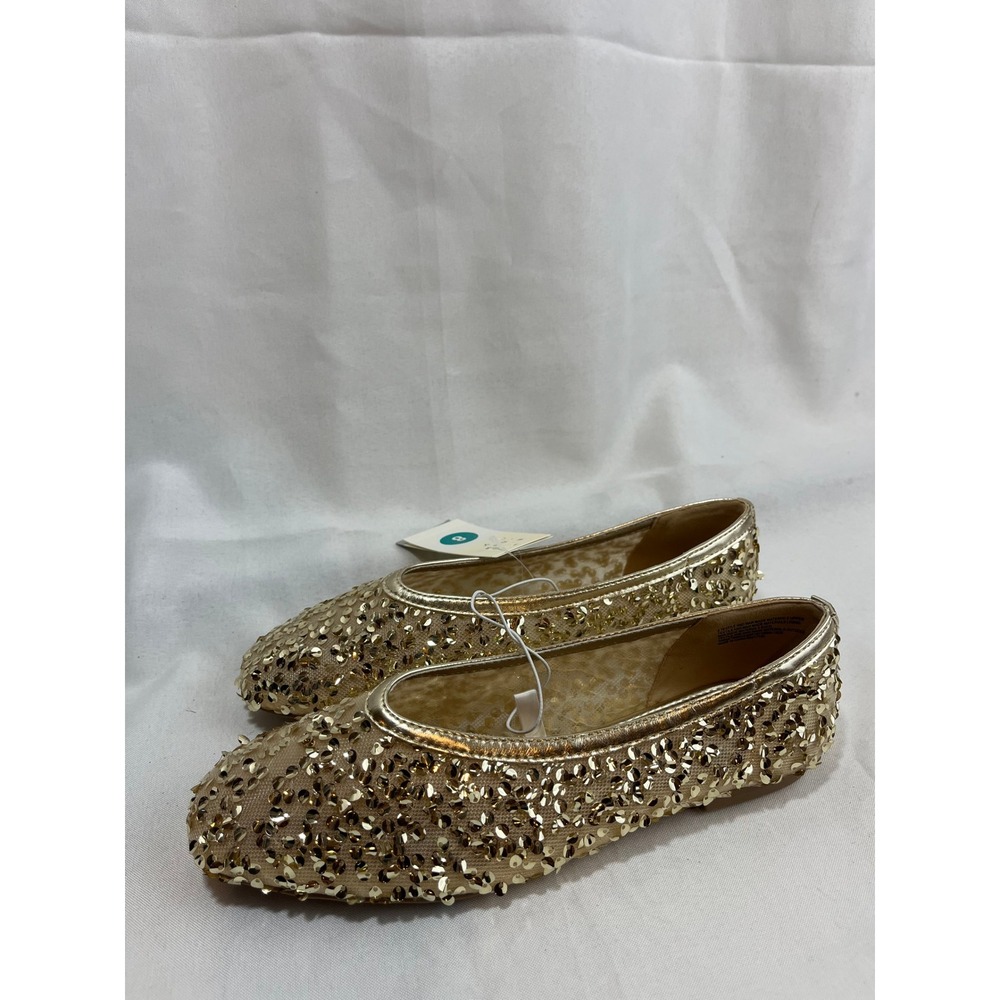 A‎ New Day Womens Gold Sequin Ballet Flats Round Toe Slip On Shoes Size 8 NWT